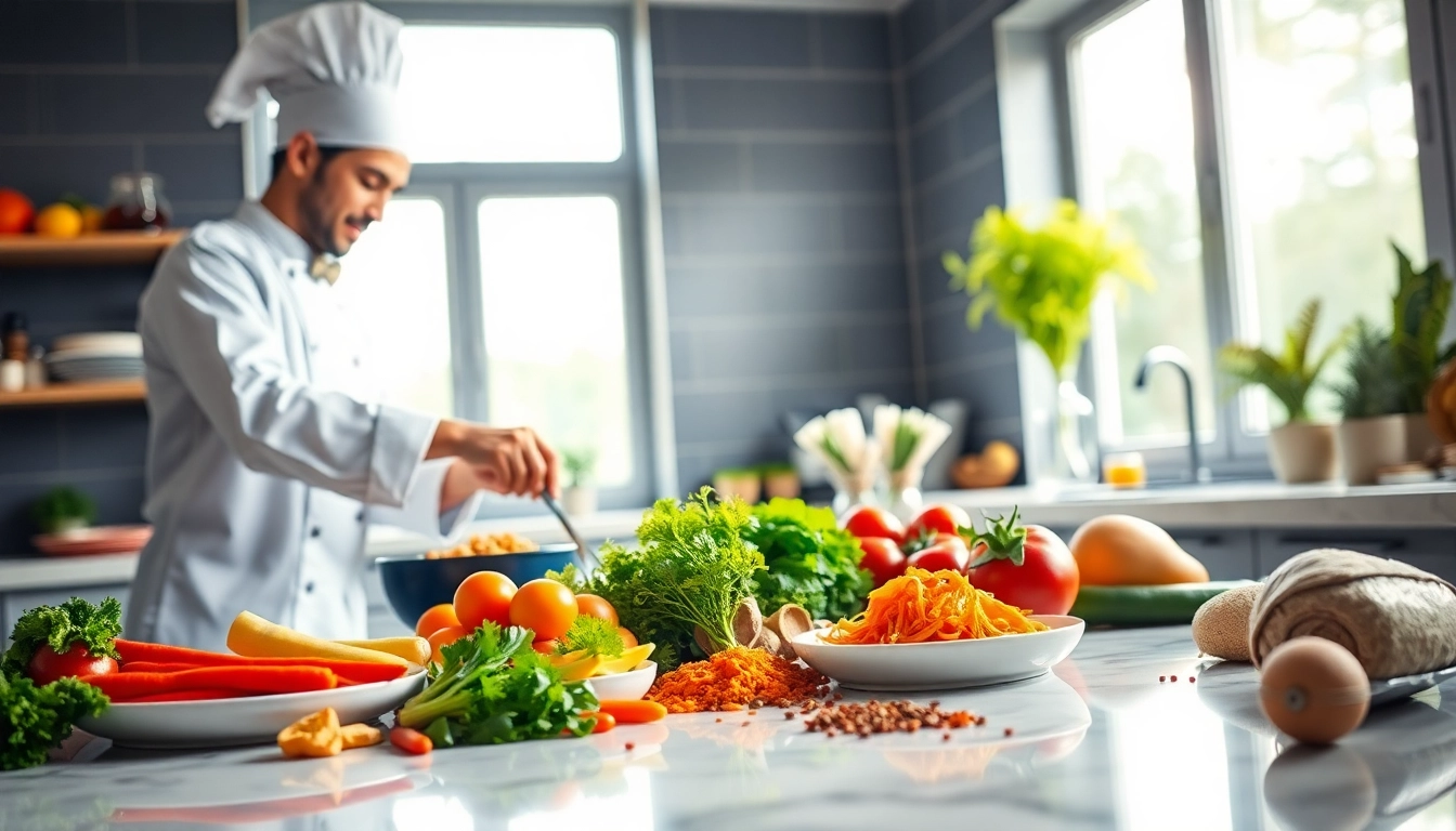 Learn interesting dish facts with a chef showcasing fresh ingredients in a vibrant kitchen.