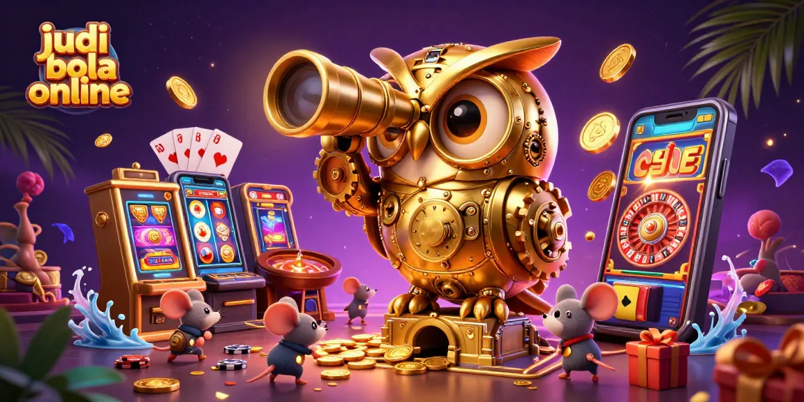 Engage in judi bola online with a vibrant 3D casino scene featuring colorful slot games and animated characters.
