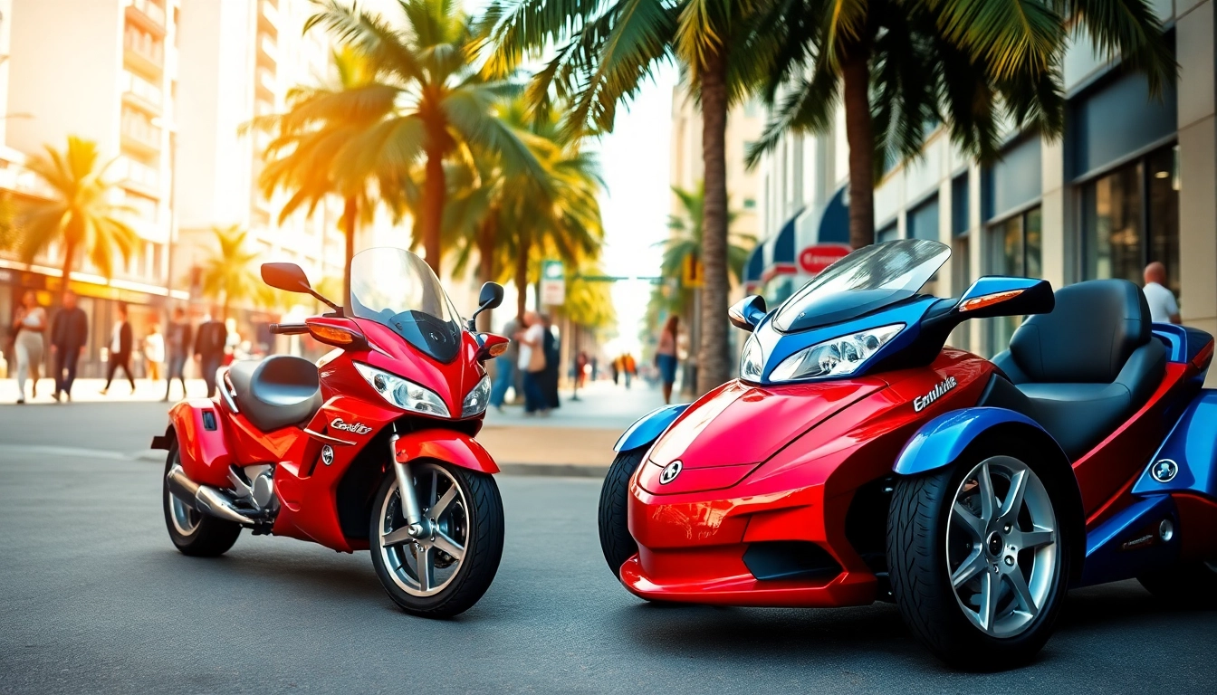 Explore cheap street legal three wheeler trikes showcased in an urban setting with bright colors.