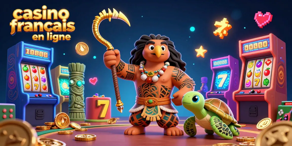 Célébrez le carnaval de jeux au casino français en ligne avec un démi-dieu et une tortue, entourés de machines à sous.
