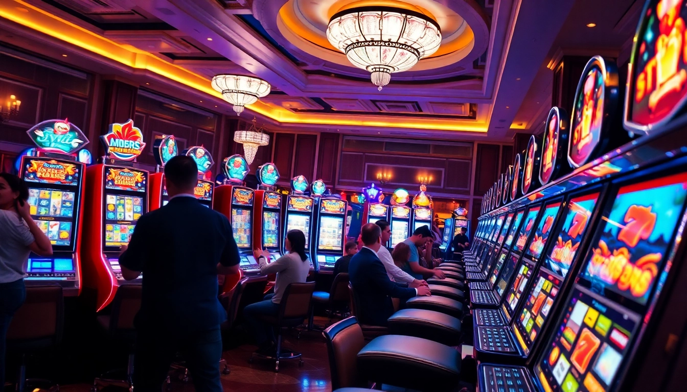 Players enjoying situs slot demo in an engaging casino environment with colorful slot machines.
