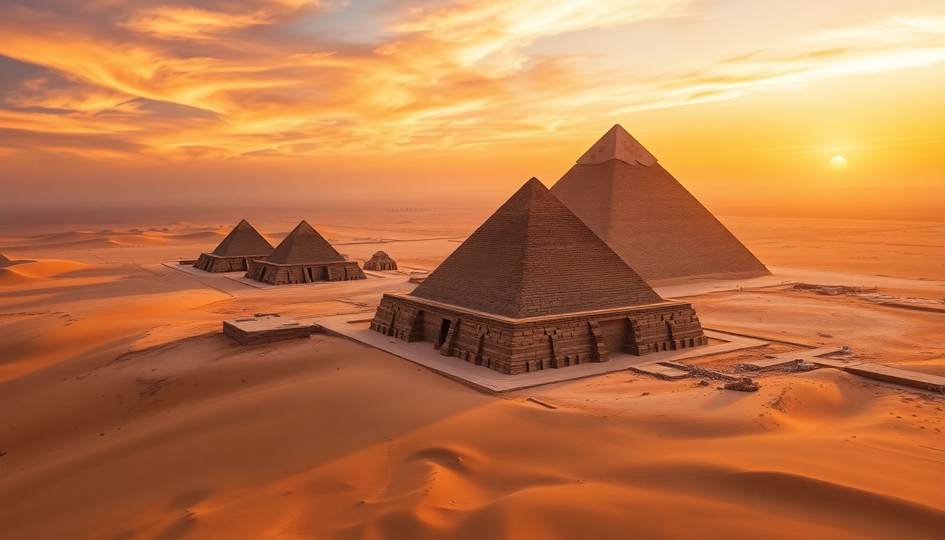 Explore the ancient pyramids, including the Great Pyramid, under a stunning sunset sky.