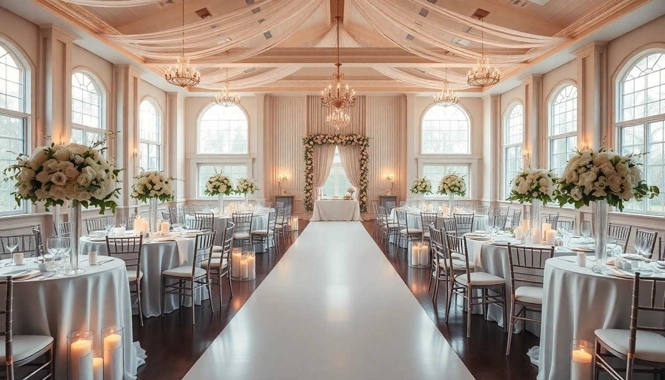 Hochzeitsaal festlich dekoriert für eine romantische Hochzeit.