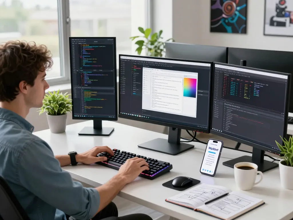 Moltbot AI scene with software engineer coding, monitors displaying dynamic programming, and a tech workspace atmosphere.
