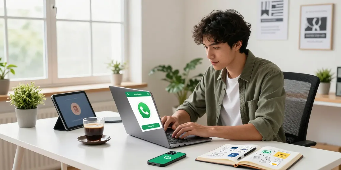 Illustration of WhatsApp下載 on a laptop in a vibrant home office.