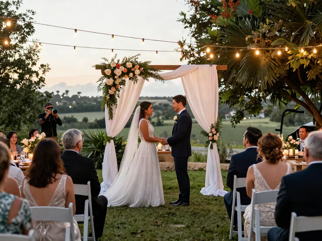 Event rentals for a beautiful outdoor wedding ceremony with floral arch and elegant reception.