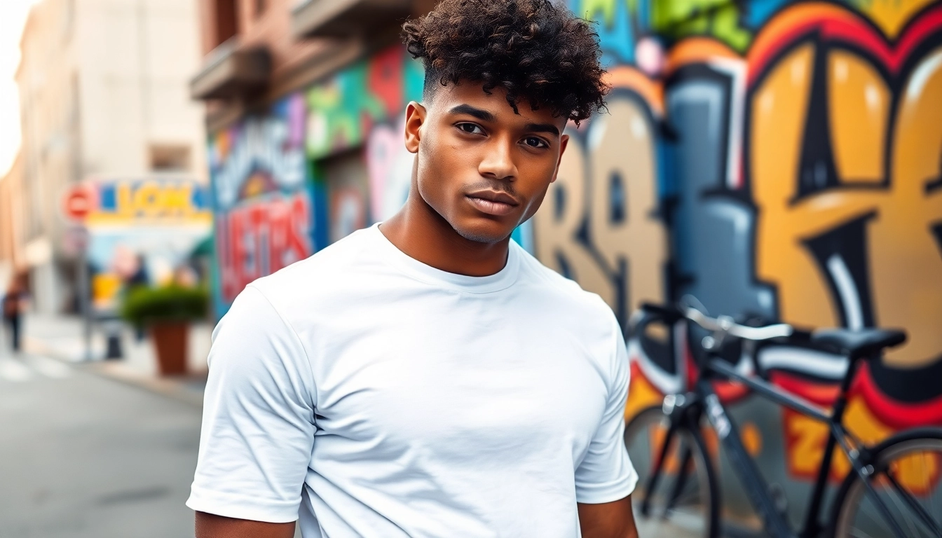A stylish individual showcasing a blank white t shirt against an urban backdrop.