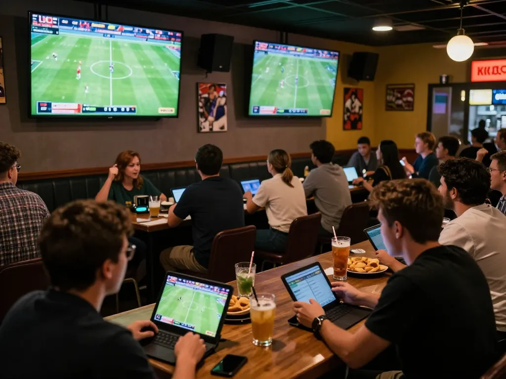 Kqbd hôm nay displayed on large screens in a lively sports bar environment, enhancing the game day experience