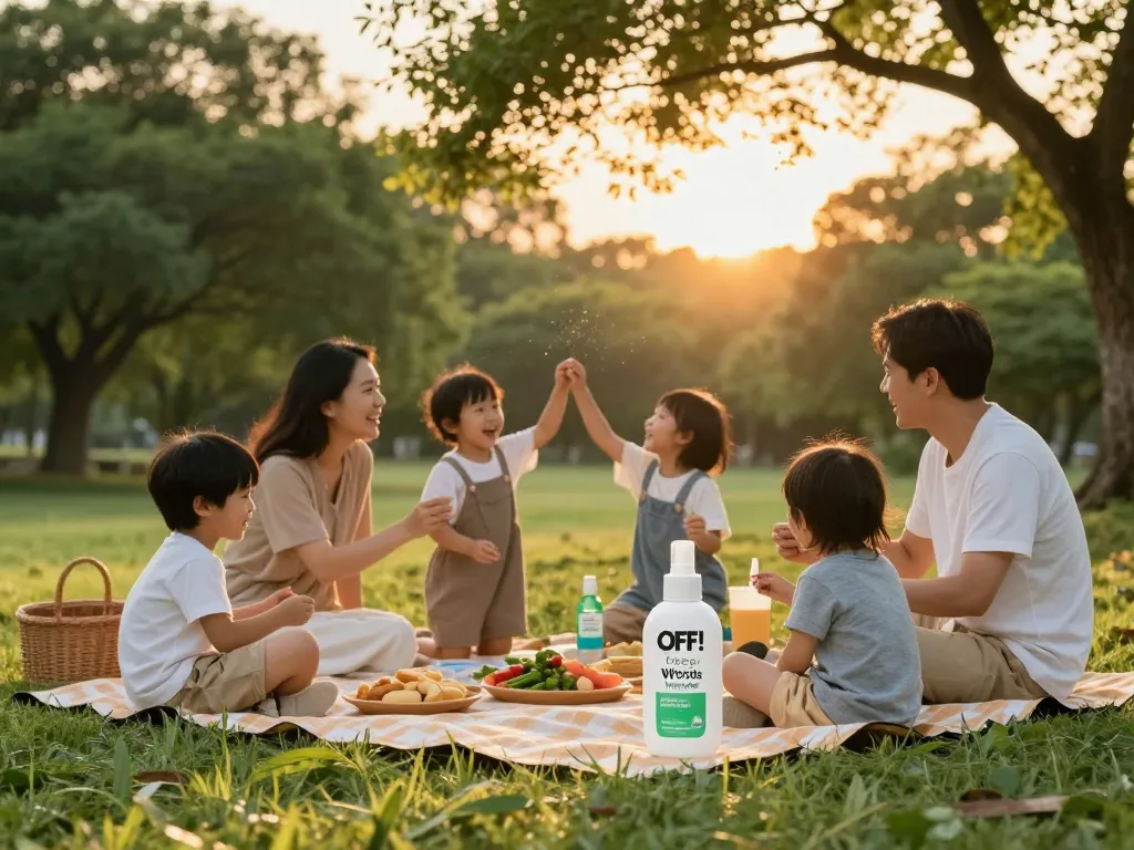 Family applying mosquito repellent during sunset picnic, ensuring safety while enjoying outdoor fun.