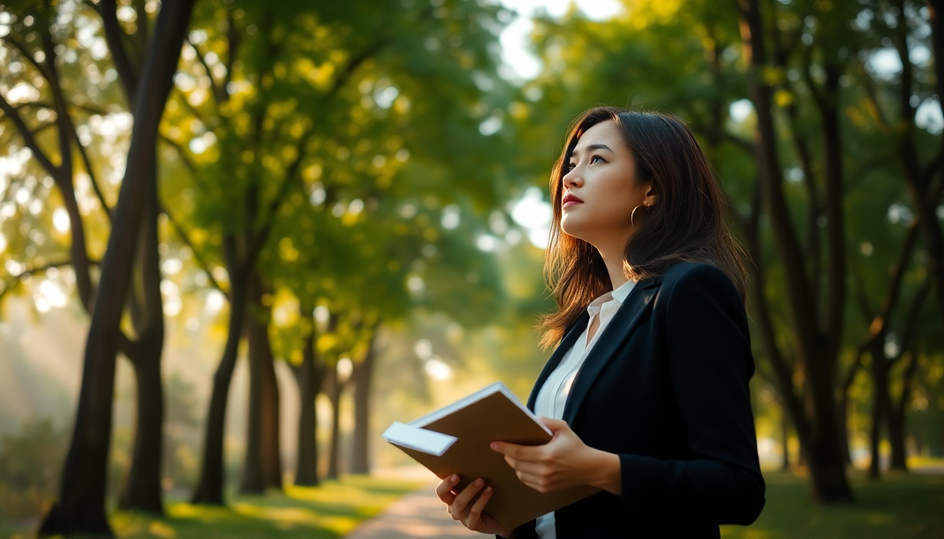 Find my true calling as a woman reflects on her career options in a peaceful park setting.