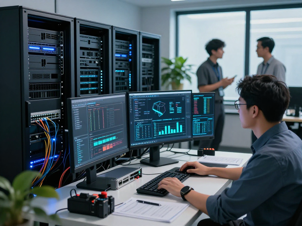 Monitoring servidores dedicados in a high-tech data center with IT professionals managing advanced infrastructure.