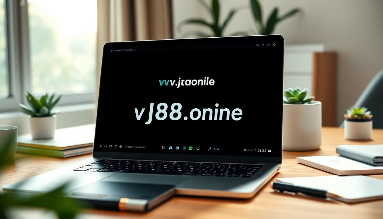 Engaging digital workspace showcasing https://vj88.online/ on a laptop, complemented by inviting decor.