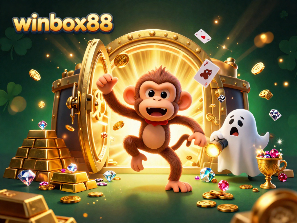 winbox88 showcases an adventurous puppy tracking a poltergeist monkey in a vibrant casino.