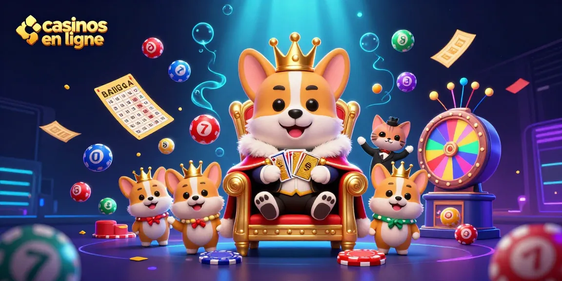 Explorez les casinos en ligne avec des corgis et des éléments ludiques de loterie dans une scène colorée.