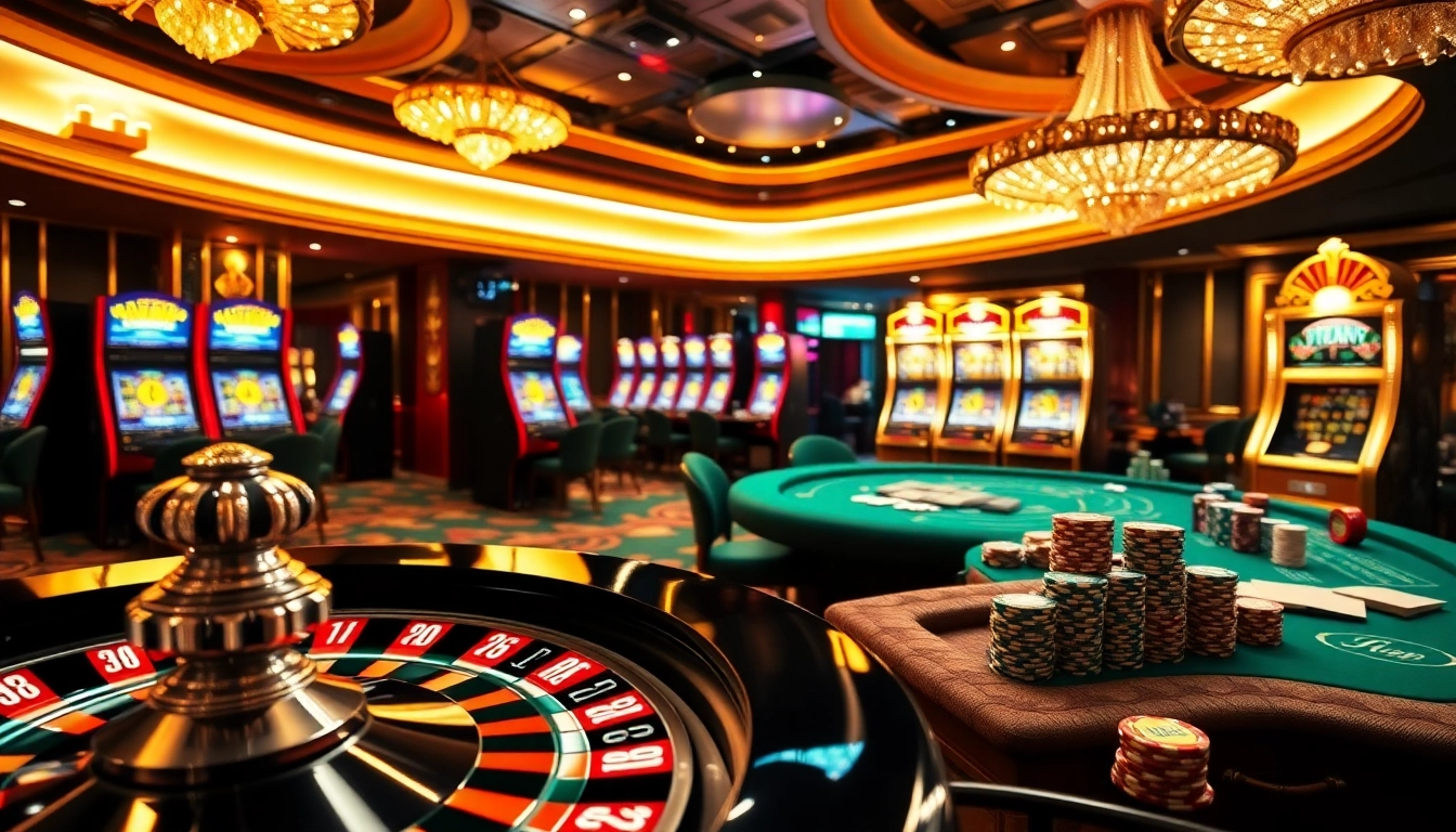 L'image capture l'excitation du meilleur casino en ligne, avec des machines à sous animées et des tables de poker à enjeux élevés.