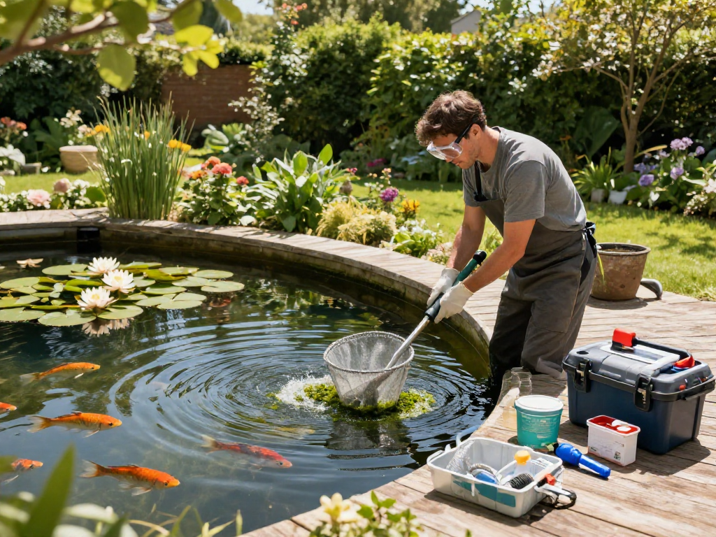 Pond Cleaning Kent service in action, professional cleaning algae and maintaining a tranquil backyard pond with lush greenery.