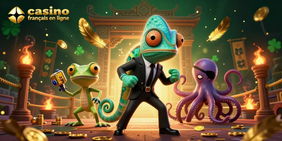 Admirez un casino francais en ligne où un caméléon agent secret interagit avec une pieuvre, entourés de jetons d'or.