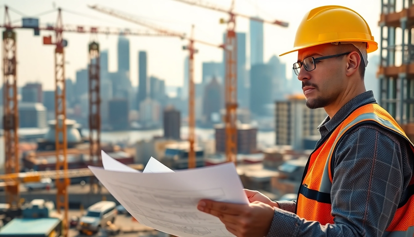 Manhattan Construction Manager analyzing plans on-site with skyline backdrop.