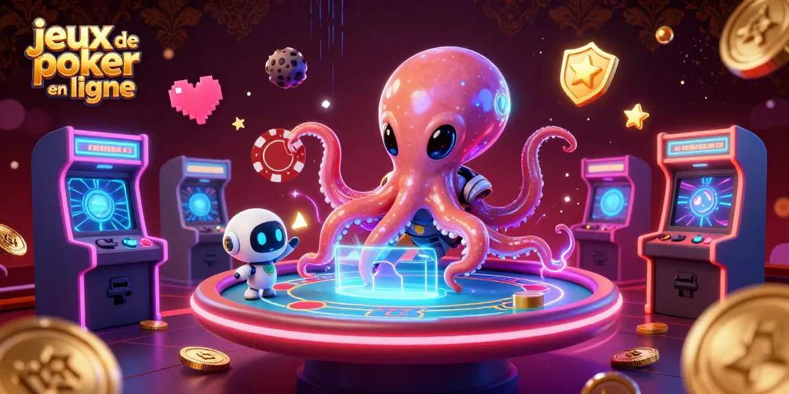 Jouez à des jeux de poker en ligne avec un alien et un robot dans un décor lumineux.