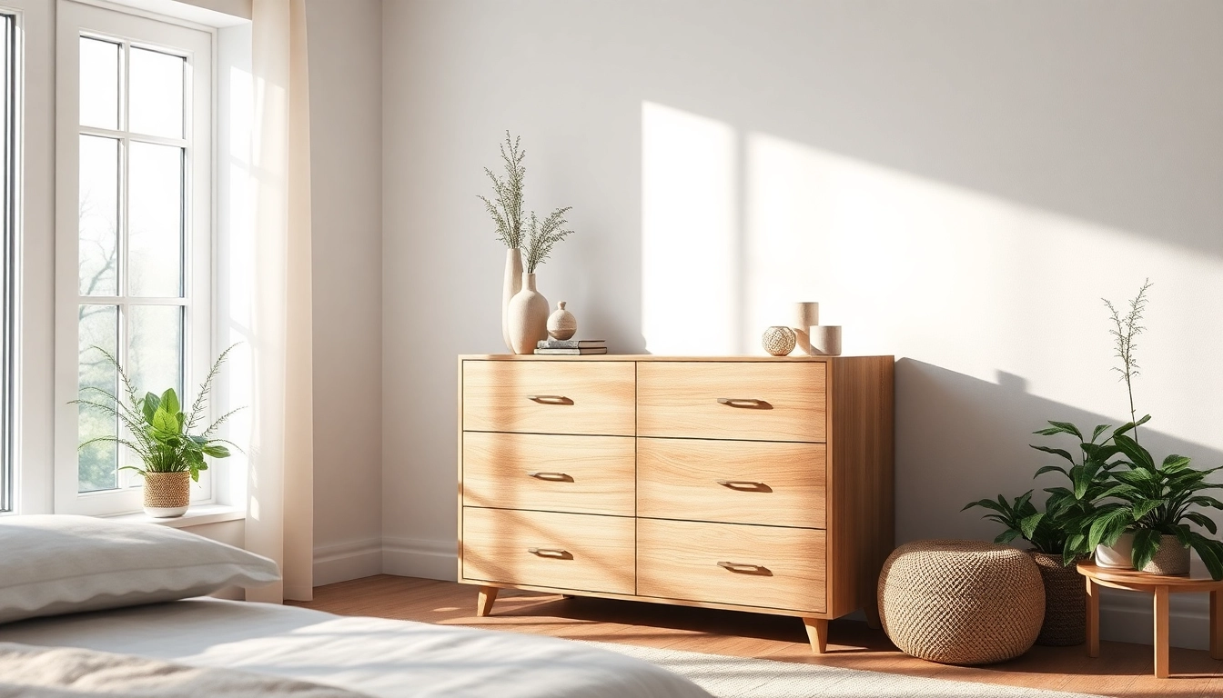 Stylish chest of drawers in a cozy bedroom setting showcasing modern design features.