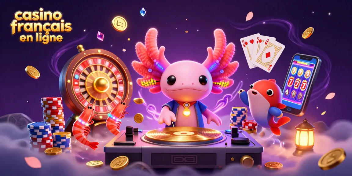 Illustration colorée du casino français en ligne, avec un DJ axolotl en néon et des jetons scintillants.