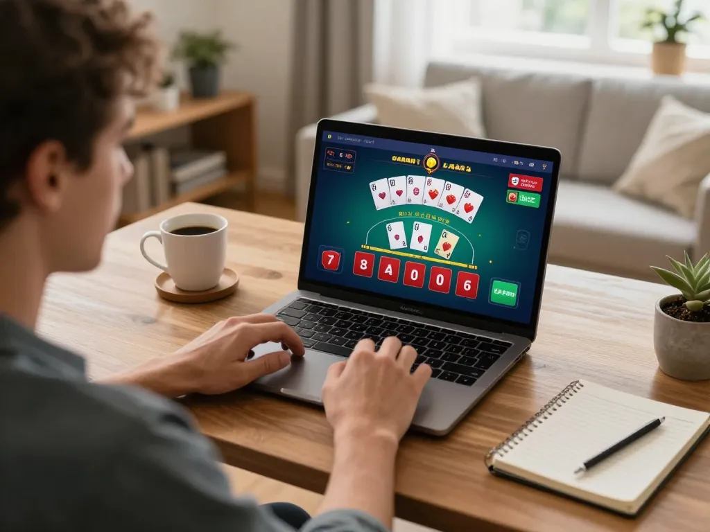 Player engaging with tg88 online casino game on laptop in cozy setting