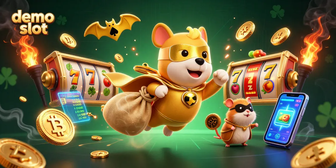 Engage with demo slot adventures featuring a superhero dog and hamster amidst vibrant casino elements.