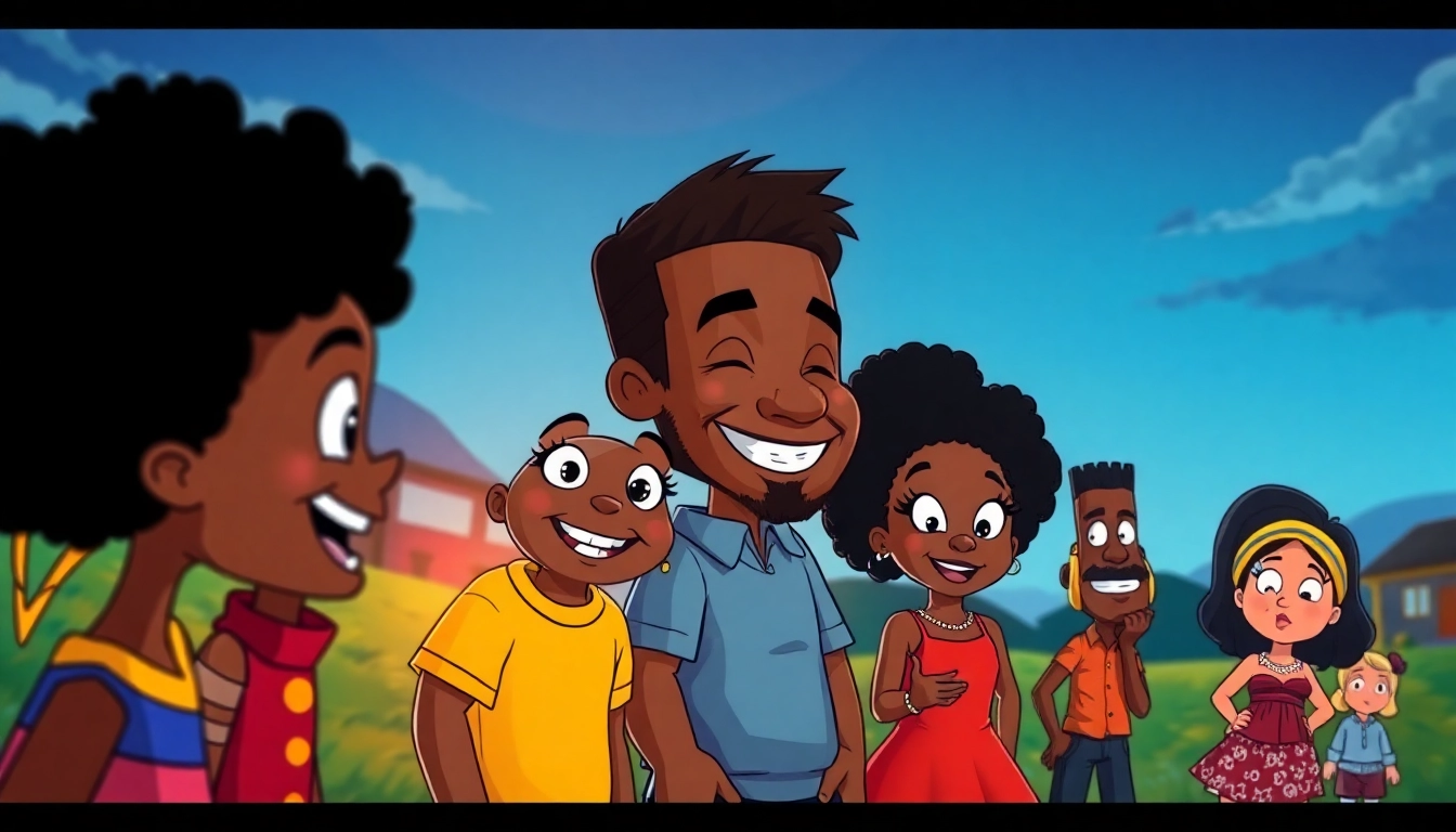 Explore the vibrant world of African American cartoons featuring joyful characters in a colorful animated landscape.