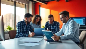 Engaged team working on wordpress development outsourcing project with advanced tech tools.