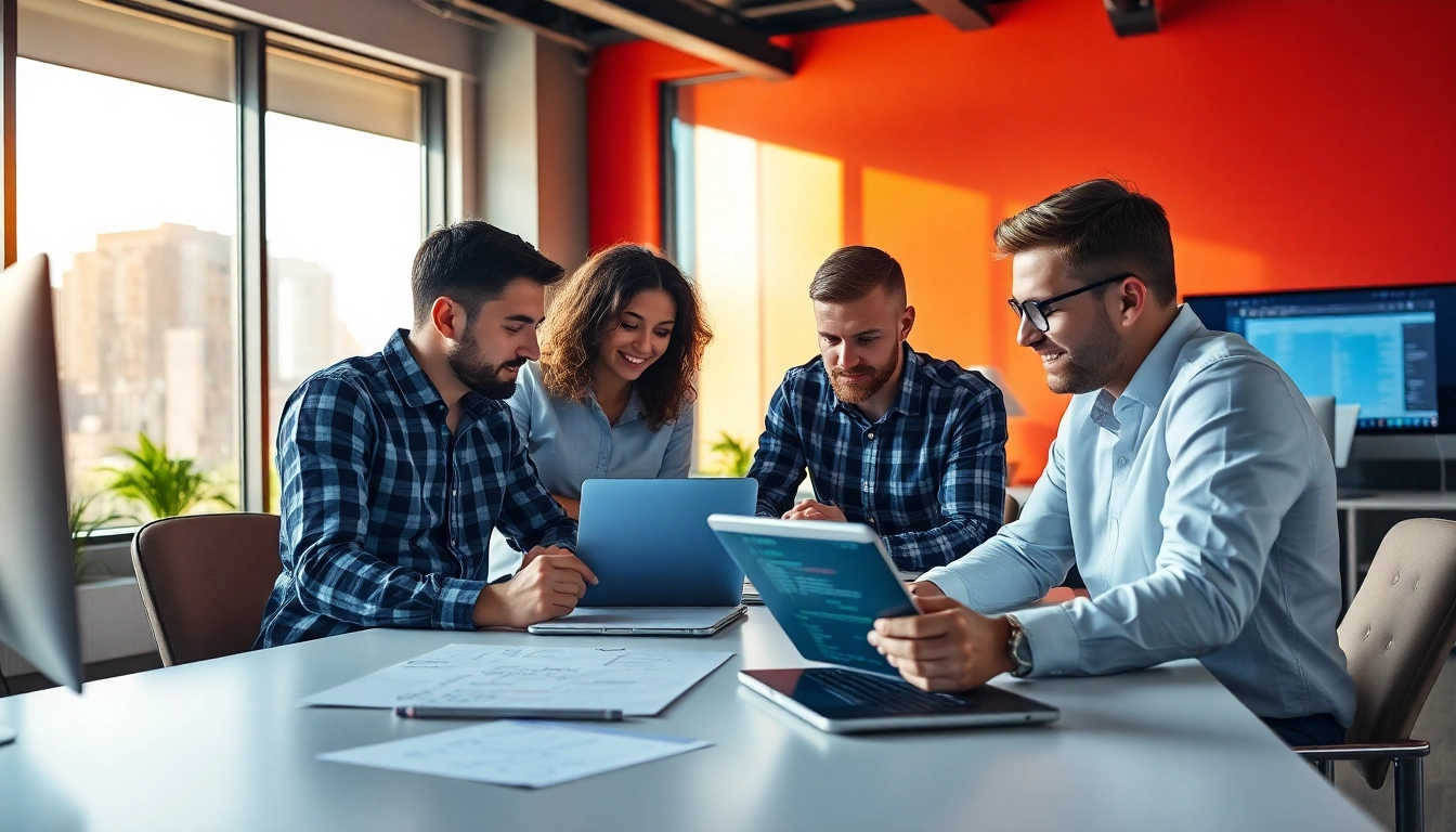 Engaged team working on wordpress development outsourcing project with advanced tech tools.