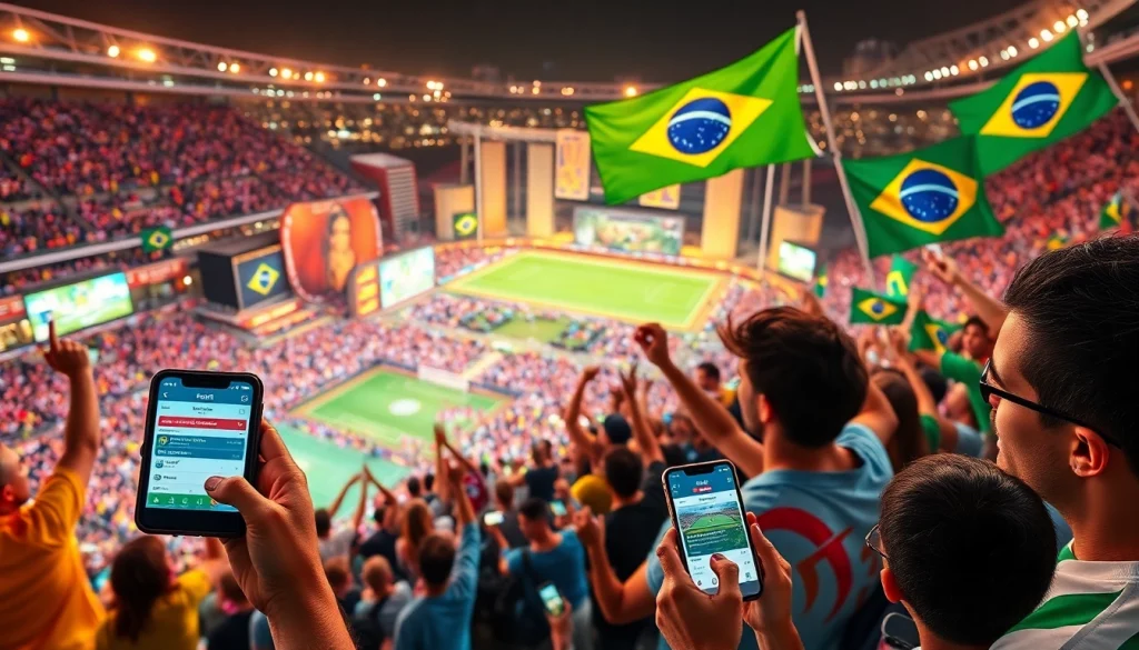 Explore the best sportsbooks in Brazil with fans celebrating their bets at a vibrant sports event.