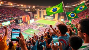 Explore the best sportsbooks in Brazil with fans celebrating their bets at a vibrant sports event.