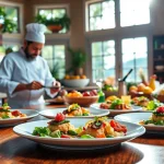 Private chef St Martin preparing gourmet dishes in a luxurious villa, showcasing fresh produce.