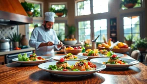 Private chef St Martin preparing gourmet dishes in a luxurious villa, showcasing fresh produce.