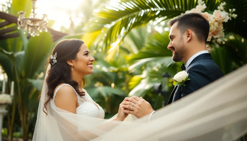 Tampa Bay wedding photographer captures a romantic outdoor ceremony with a couple exchanging vows in a tropical garden.