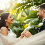 Tampa Bay wedding photographer captures a romantic outdoor ceremony with a couple exchanging vows in a tropical garden.
