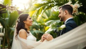 Tampa Bay wedding photographer captures a romantic outdoor ceremony with a couple exchanging vows in a tropical garden.