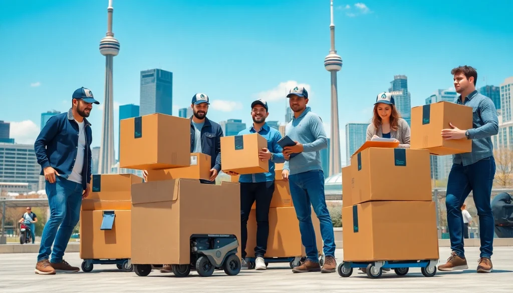 Reliable Toronto moving company team working efficiently with boxes in front of a Toronto skyline.