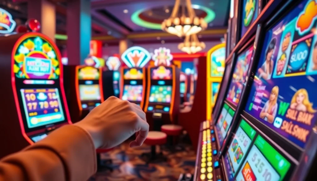 Bermain slot online dengan mesin berwarna-warni di kasino modern yang cerah.