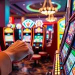 Bermain slot online dengan mesin berwarna-warni di kasino modern yang cerah.