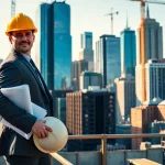 New York Construction Manager supervising a busy site in New York City during sunset.