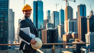 New York Construction Manager supervising a busy site in New York City during sunset.