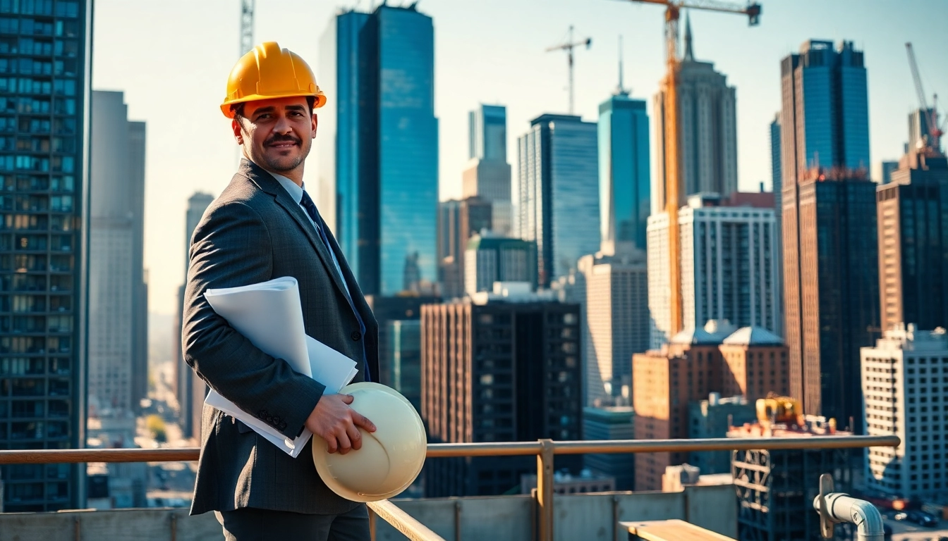 New York Construction Manager supervising a busy site in New York City during sunset.
