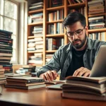 Action thriller author passionately writing at a desk filled with gripping novels.