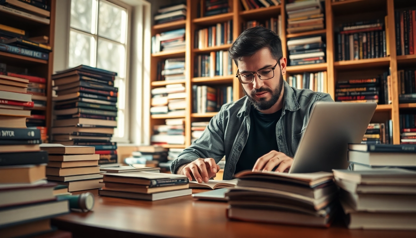Action thriller author passionately writing at a desk filled with gripping novels.