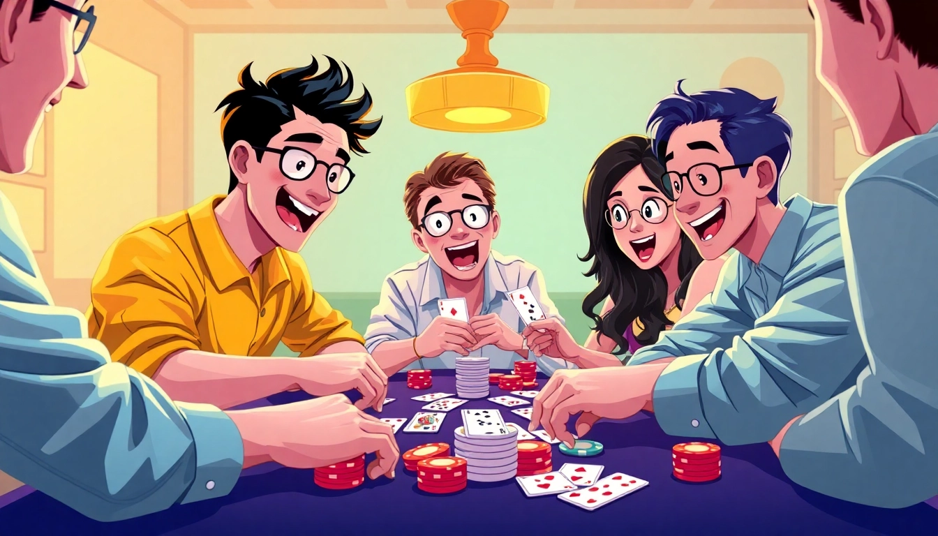 Players enjoying a thrilling game of Ok rummy with colorful cards and enthusiastic expressions.