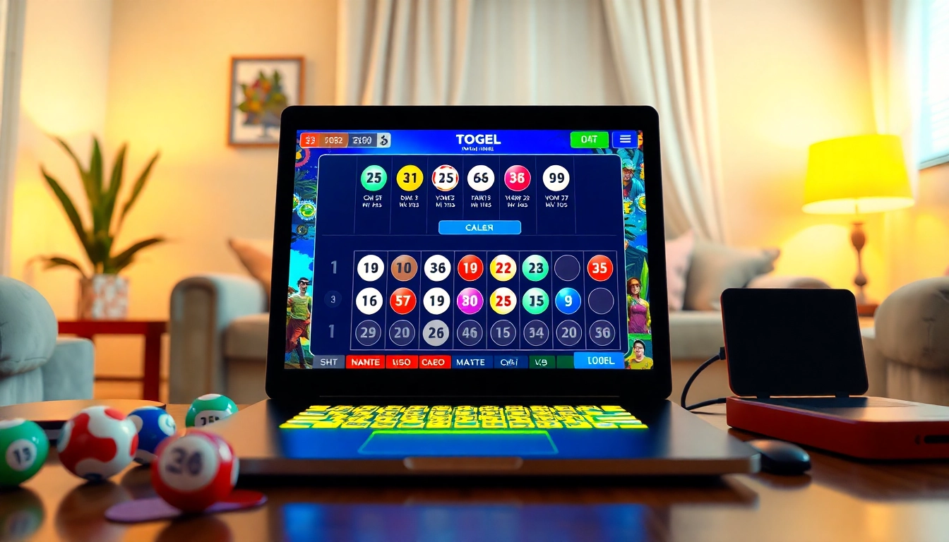 Menggambarkan pengalaman togel online dengan antarmuka cerah dan perangkat digital, menciptakan suasana yang menarik.