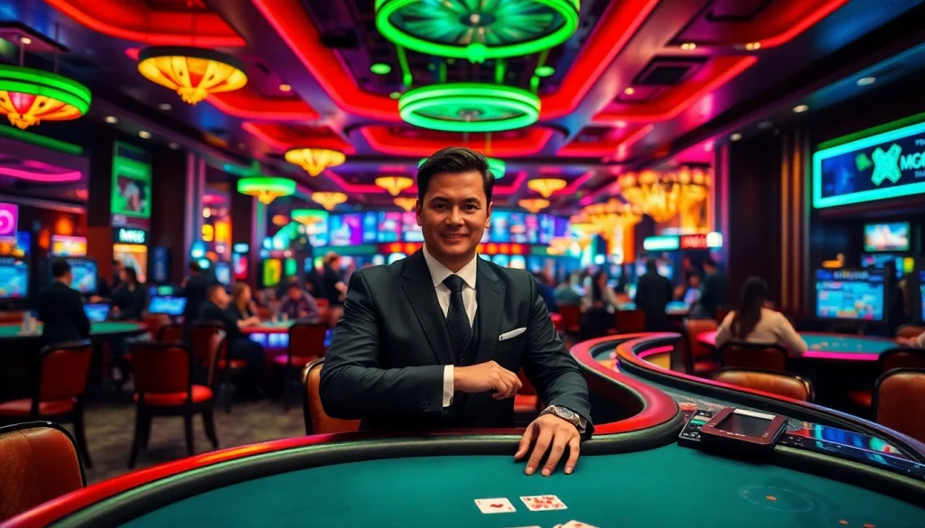 Experience the excitement of MM88 at a vibrant casino with a poker dealer.