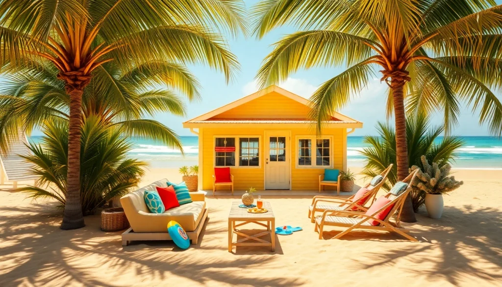 Relaxing outdoor area of a coastal cabana surrounded by palm trees and vibrant beach decor.