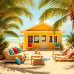 Relaxing outdoor area of a coastal cabana surrounded by palm trees and vibrant beach decor.